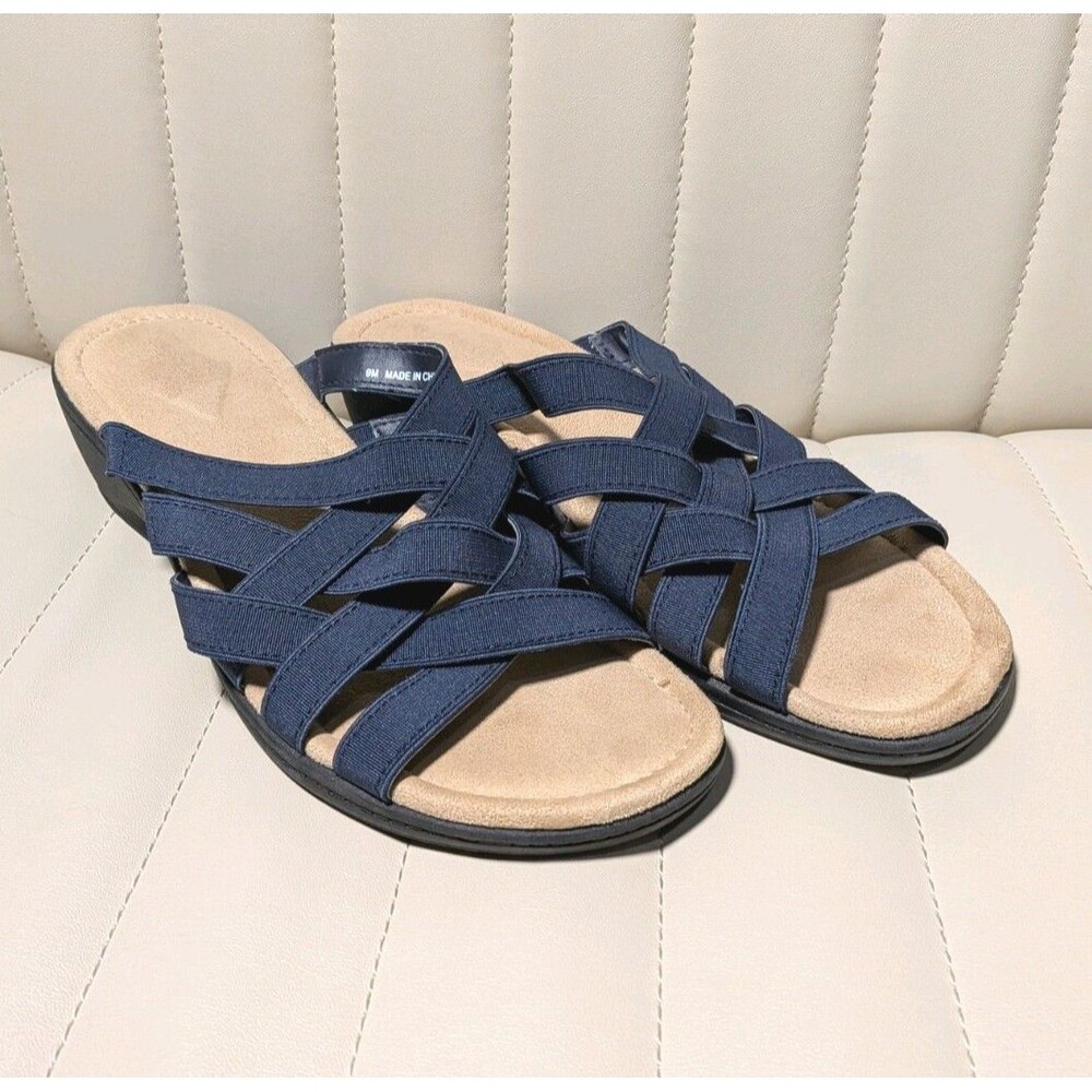 St Johns Bay Navy Blue Irma Strappy Sandals Wedges Slip On Summer Spring Sz 9M